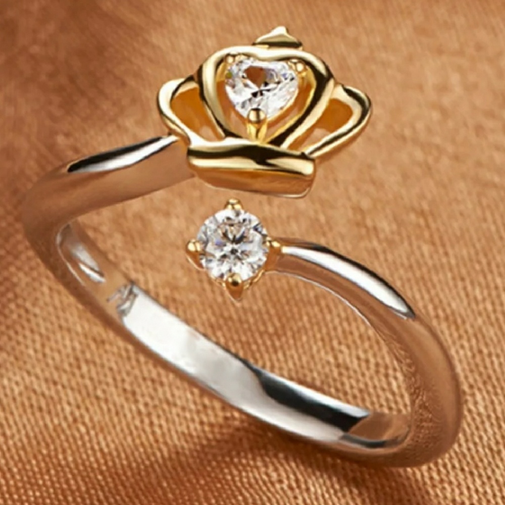 Two Tone Yellow & White Crown Adjustable Open Ring - Picture 2 of 5